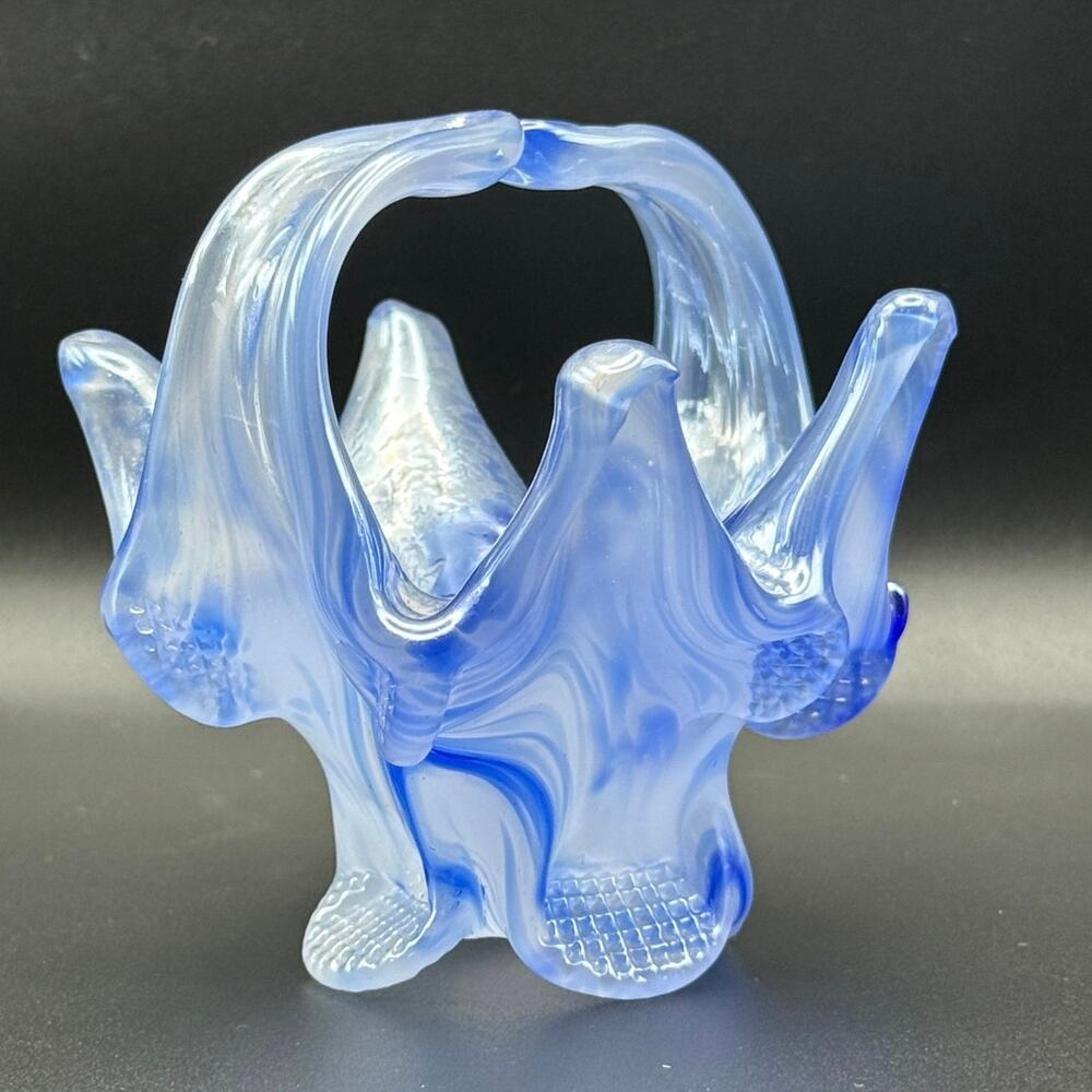Rossi Hand Blown Iridescent Blue Canadian Art Glass Flower Shaped Handled Basket
